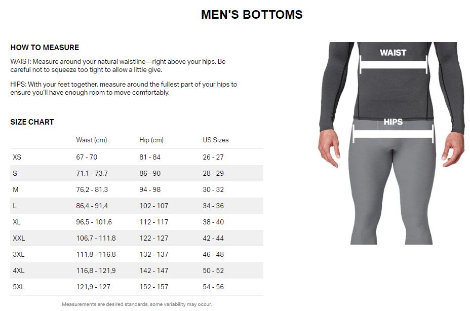 under armour mens joggers size chart
